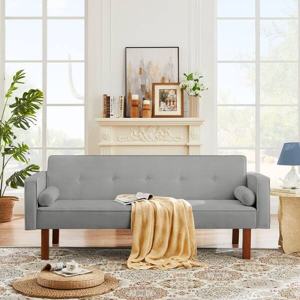 Linen Upholstered Modern Convertible Folding Sofa Bed with 4 Solid Wood ...