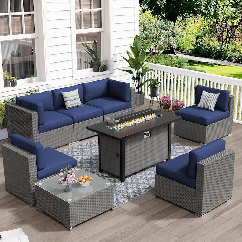 7-piece Outdoor Patio Grey Wicker Rattan Cushioned Sectional Sofa Conversation Set