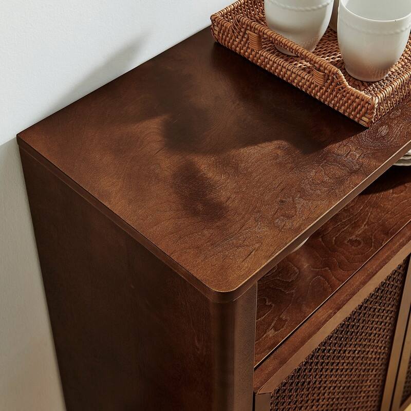 Mid Century Modern 63" Wide 4 - Cane Rattan Door Storage Sideboard with Open Shelf, Wine Bar Credenza for Living Room Entryway