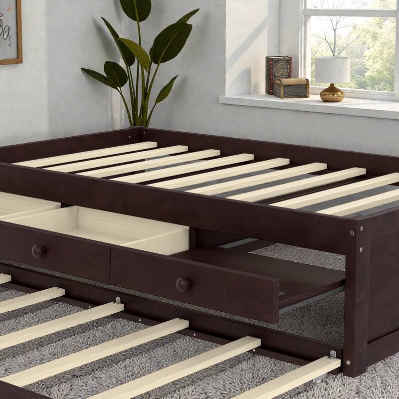 Platform Bed with Trundle, 2 Storage Drawers and Built In Power Strip, Solid Wood Bed Frame