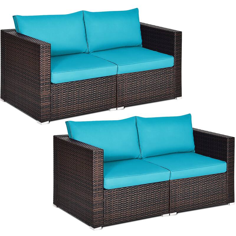 4PCS Patio Rattan Corner Sofa Sectional Furniture Set Cushion - Mix Brown+Turquoise