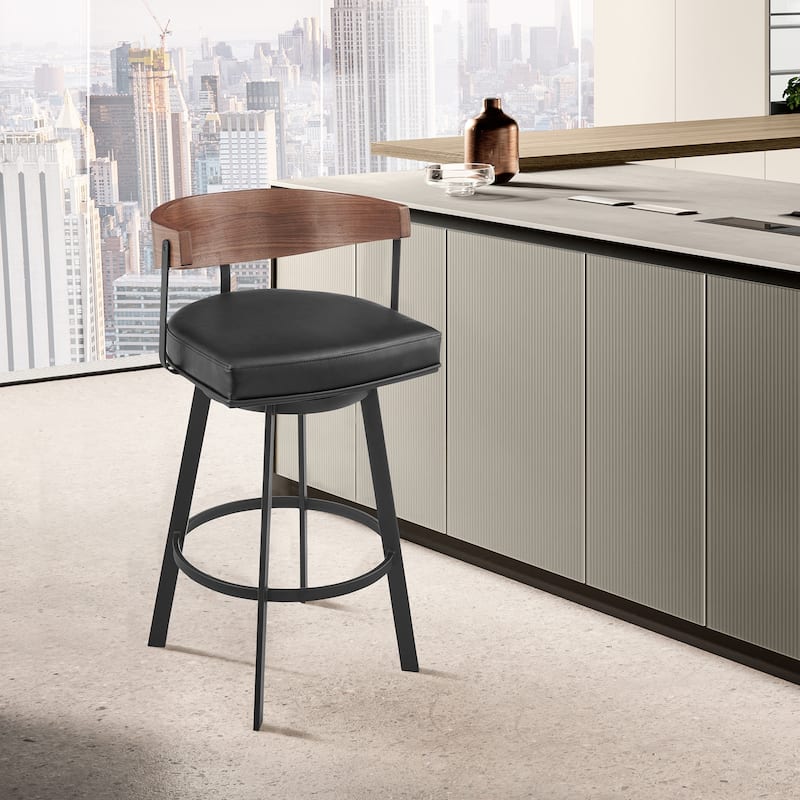 Lacey Mid-Century Swivel Bar Stool, Upholstered Counter Height Chair with Iron Frame - Walnut/Black - Bar Height