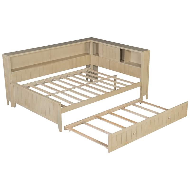 Full Size Solid Wooden Daybed Frame with Storage Shelves Modern L Shape Platform Bed and Trundle for Bedroom, Apartment