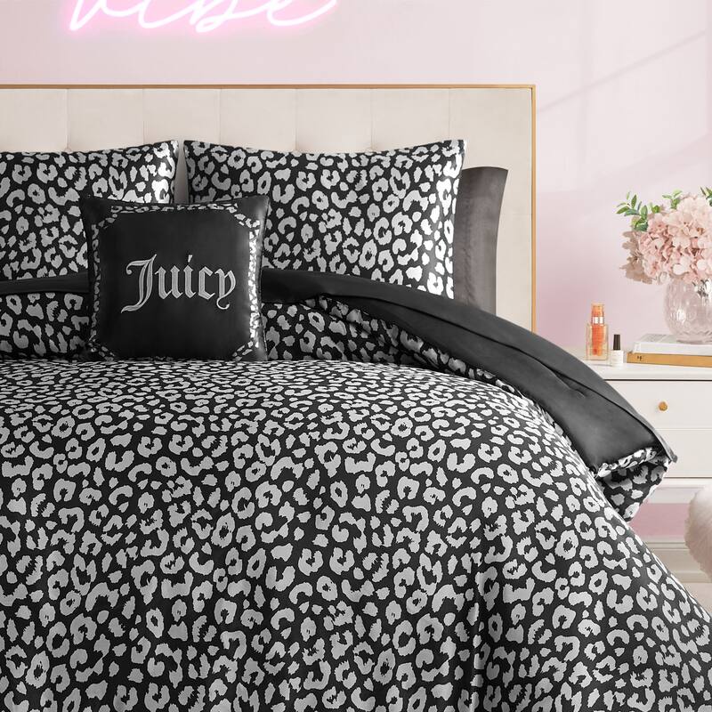 Juicy Couture Modern Leopard Satin Comforter Set 6-8 Piece Bed in a Bag - Black - Twin