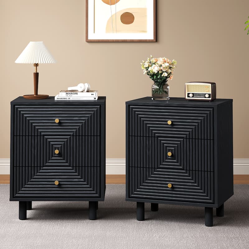 Black 3-Drawer Nightstand with Solid Wood Legs