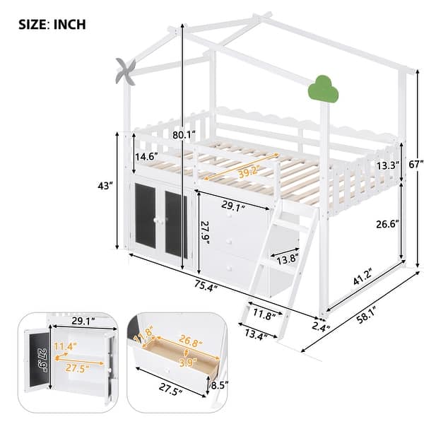 dimension image slide 0 of 2, Twin Size House Loft Bed Wood Low Bedframe with Black Boards & Storage