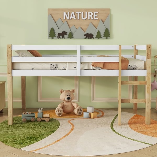 slide 2 of 9, Twin Loft Bed with 8-Slat Support & Guardrails