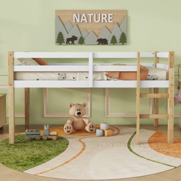 slide 2 of 9, Twin Size Rubber Wood Loft Bed with Wide Ladder and Guardrails, Low Height Platform with Strong Slats for Kids or Teens Natural+White