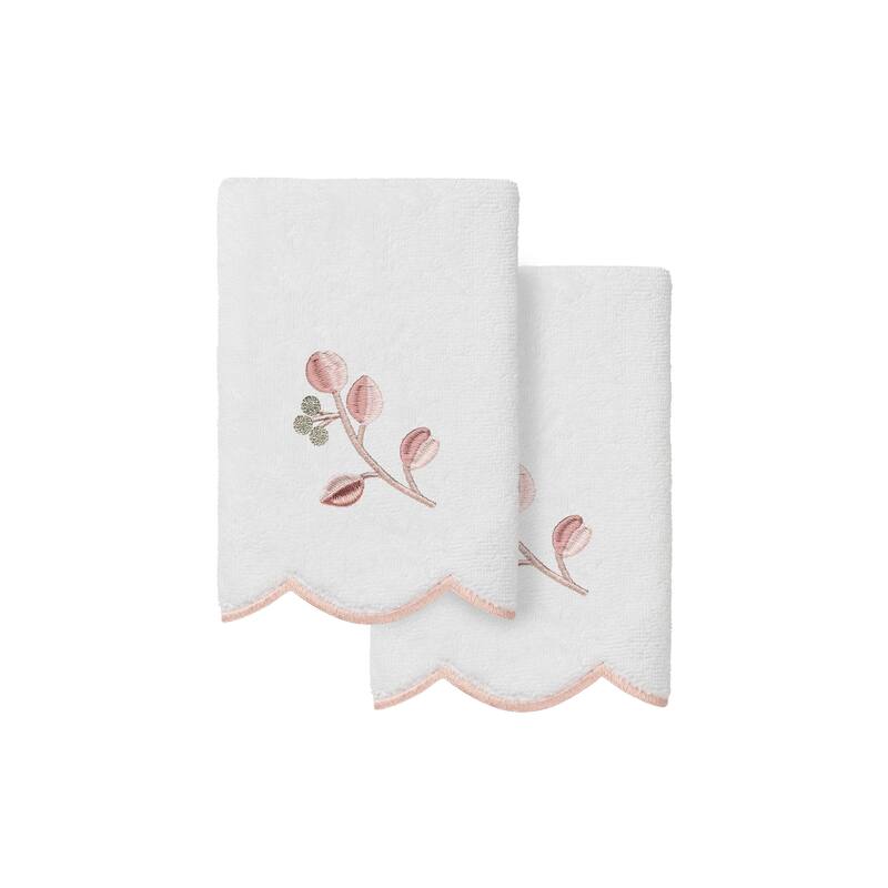 Authentic Hotel and Spa 100% Turkish Cotton WILD BRANCH Scallop Embellished Towel Collection - White/Pink - 2 Fingertip Towels