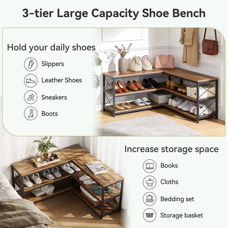 39.4" Corner Bench, 3-Tier L-Shaped Entryway Bench with Shoe Storage