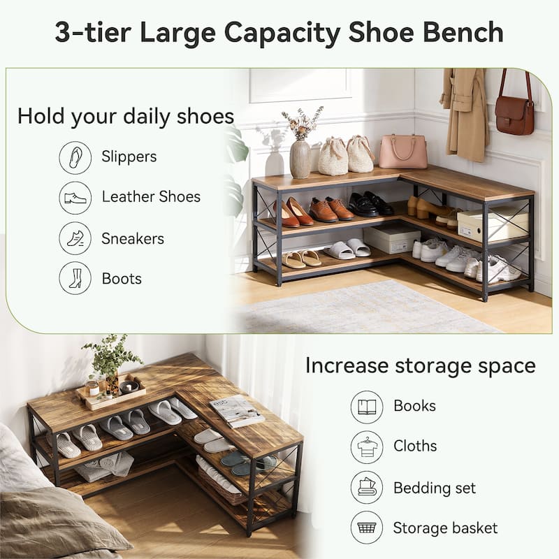 L-Shaped Shoe Rack Bench, 3-Tier Entryway Corner Bench with Shoe Storage