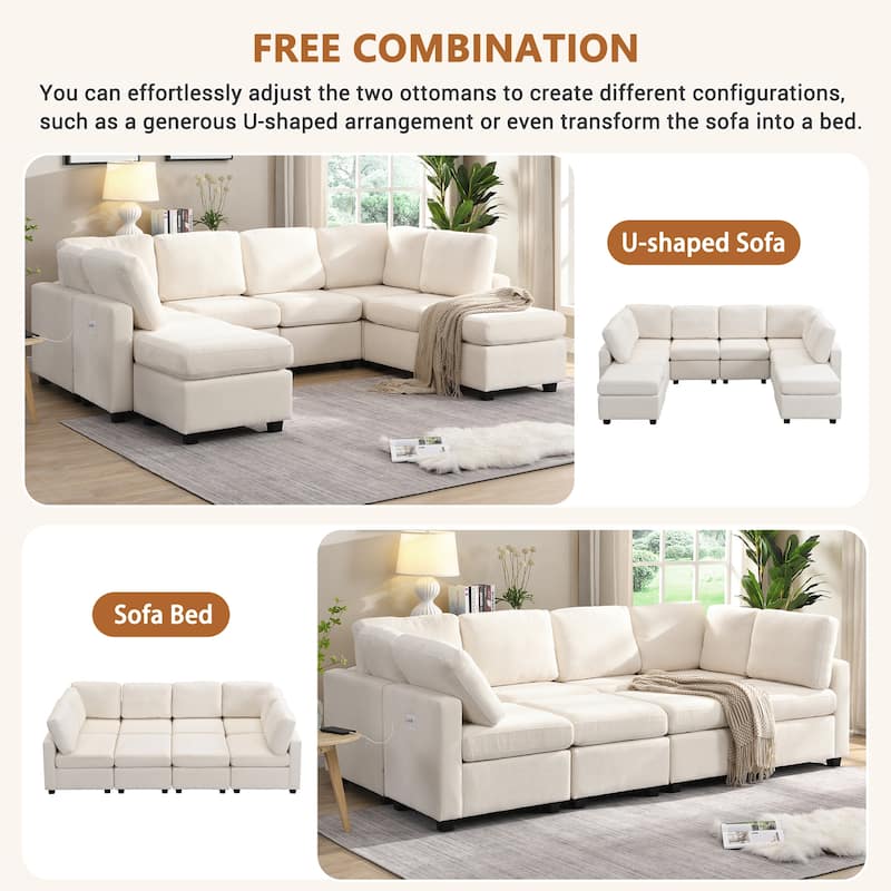 Chenille Sectional Couch Sofa Bed, U-Shaped Sofa with 2 Movable Ottoman and 3 USB Ports Free Combination for Living Room