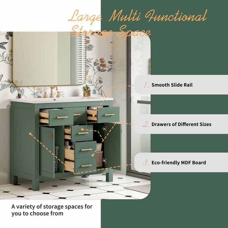 36'' Bathroon Vanity with Resin Sink, Freestanding Bathroom Vanity Cabinet with 4 Drawers, 2 Cabinets and 2 Soft Close Doors