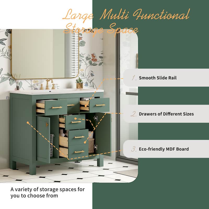 Roomfitters 36" Vanity with Ceramic Sink, Solid Wood Freestanding Cabinet with 4 Drawers and 2 Doors, Storage Unit for Bathroom
