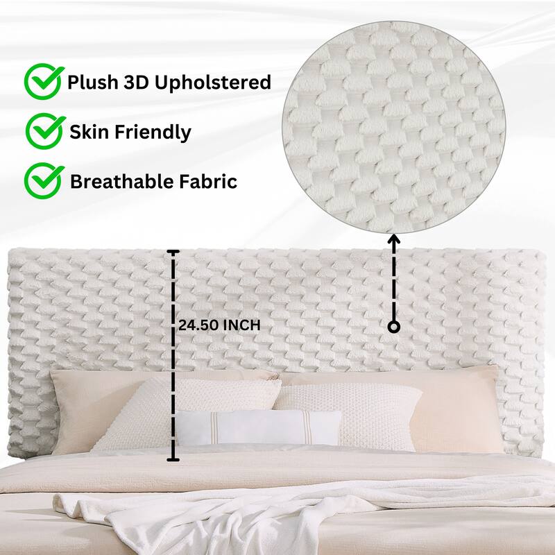 Plush 3D Upholstered Platform Bed in White Dove, Queen