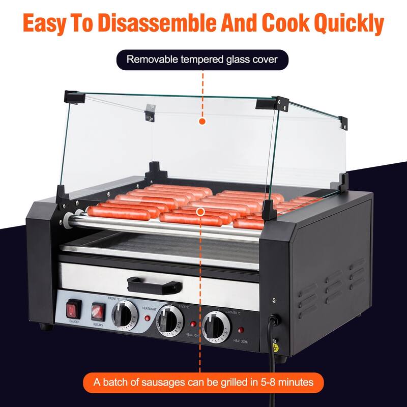 Electric 24 Hot Dog 9 Roller Grill Machine with Warming Drawer - 9 Rollers
