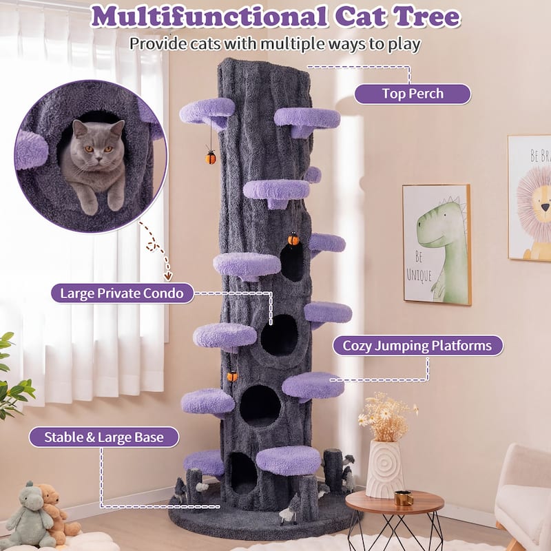 Gymax 90.5'' Multifunctional Cat Tree w/Private Condos Sisal Covered - Gray, Purple