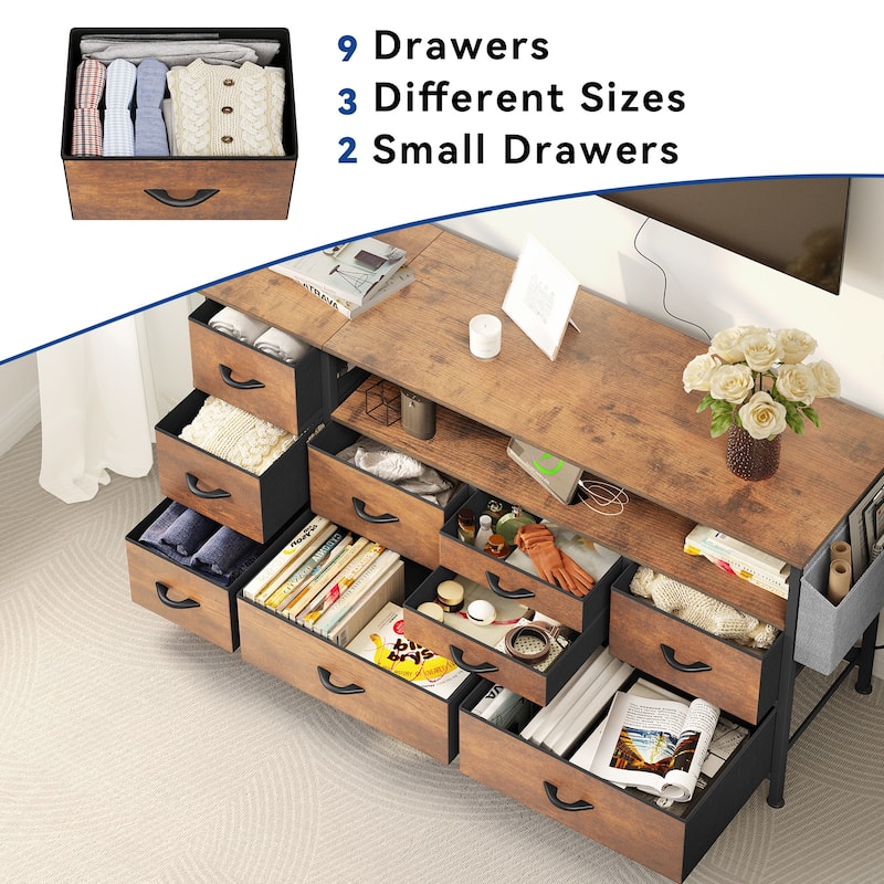 Moasis 50"W 9-drawer Fabric Dresser, Media Console, TV Stand with Outlets, RGB Lights