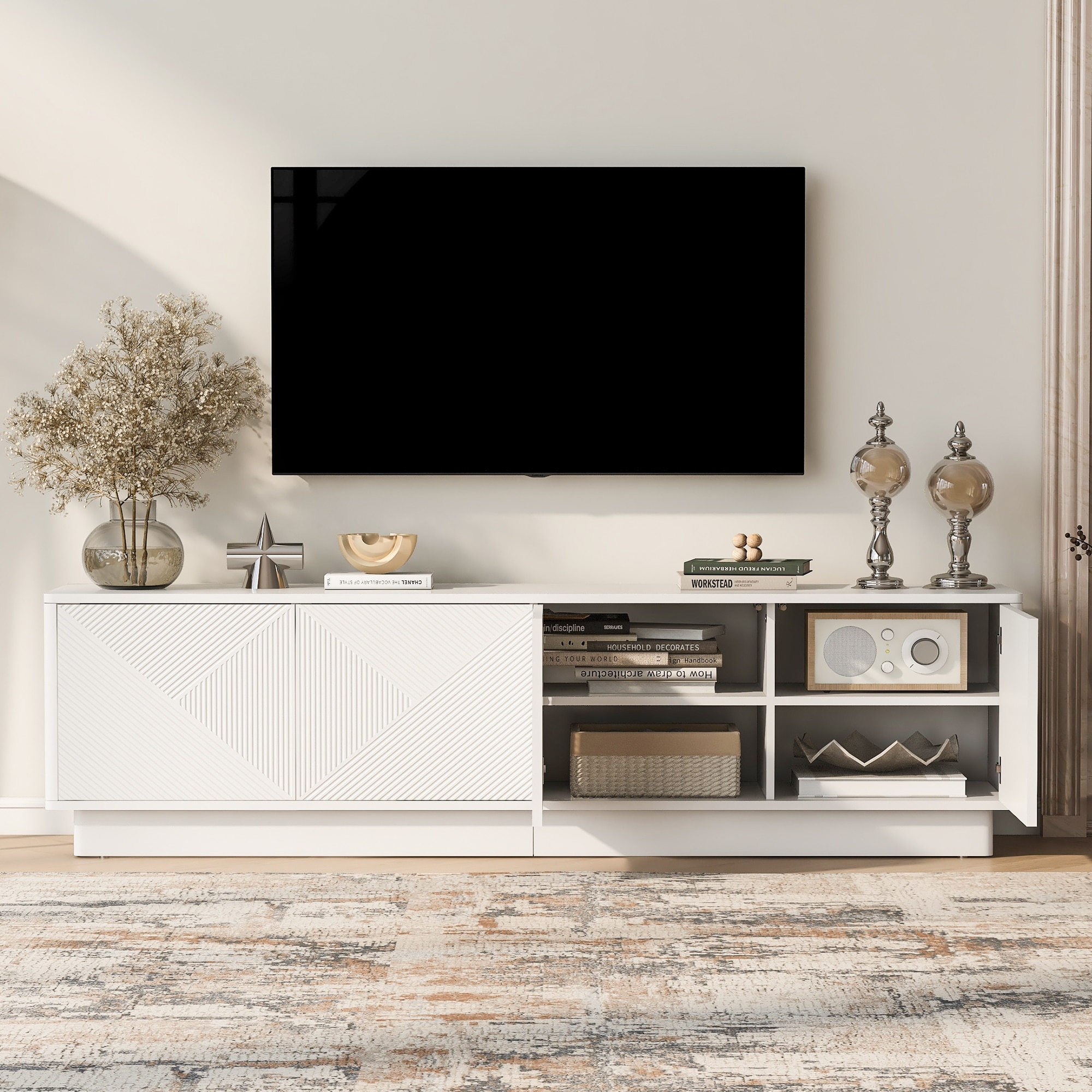 Stylish 4-Door Wave Design Cabinet with Adjustable Shelves & LED Accent