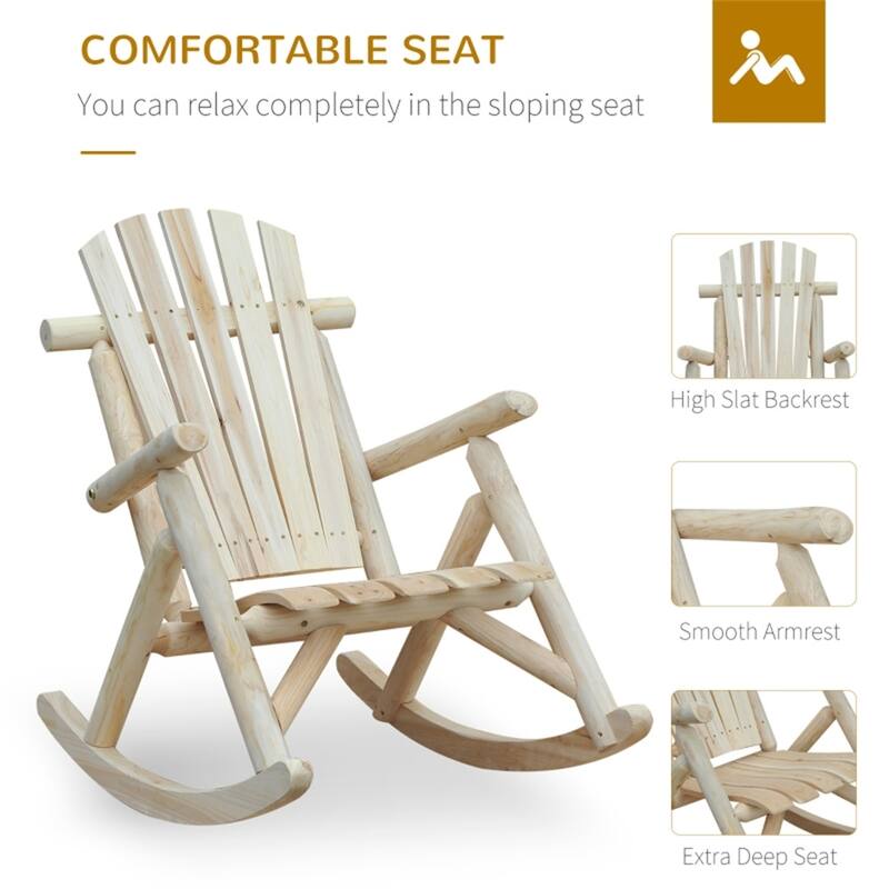 Natural Fir Wood Adirondack Rocking Chair with Wide Seat and Armrests - 26" D x 37.75" W x 38.5" H