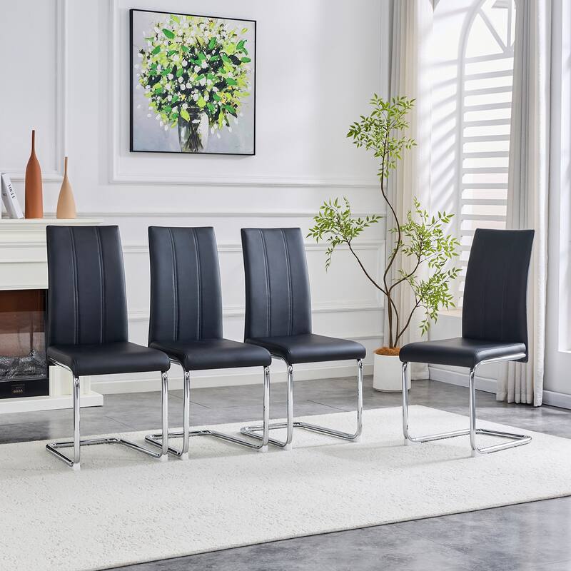 4-Pack PU Upholstered Dining Chairs - Modern High-Back Side Chairs with Sturdy Chrome-Plated Iron Tube Legs for Dining Room - Black