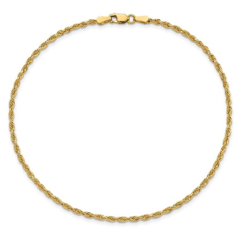 Curata Italian 10K Yellow Gold 9" 1.8mm Diamond-Cut Rope Chain Anklet