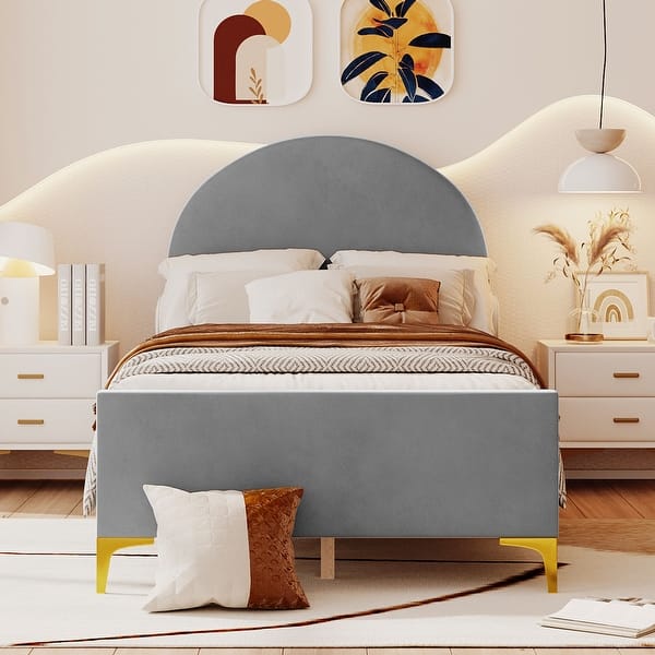 slide 2 of 10, Twin Size Velvet Upholstered Platform Bed with Classic Semi-circle Shaped Headboard and Mental Legs for Kids Teens Adults, Gray Gray
