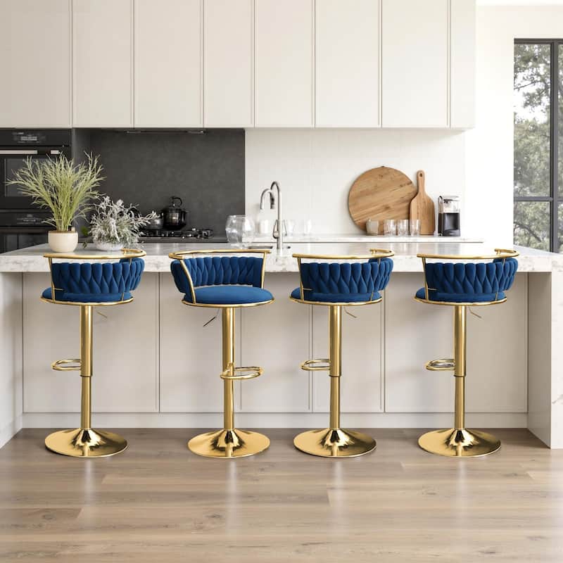 4 Set Modern Velvet Adjustable Swivel Bar Stools with Metal Frame - Gold/Navy Blue