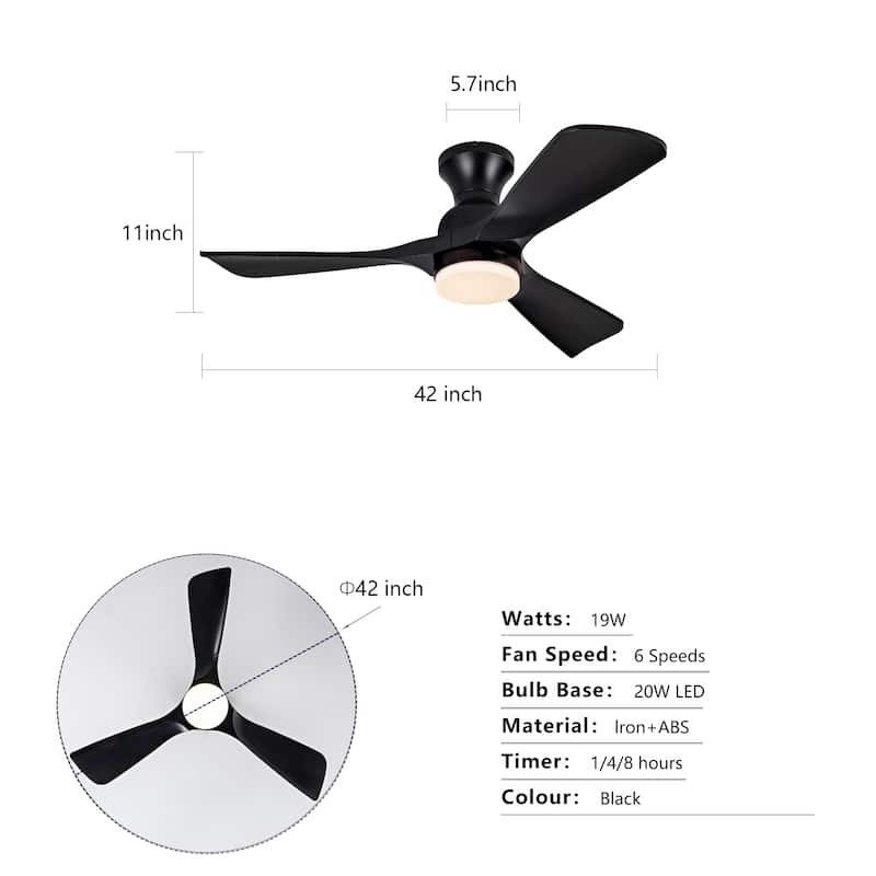 42 Inch Black Ceiling Fan with Lights Flush Mount Ceiling Fan with Remote Control, ABS Blades Modern Outdoor Ceiling Fans