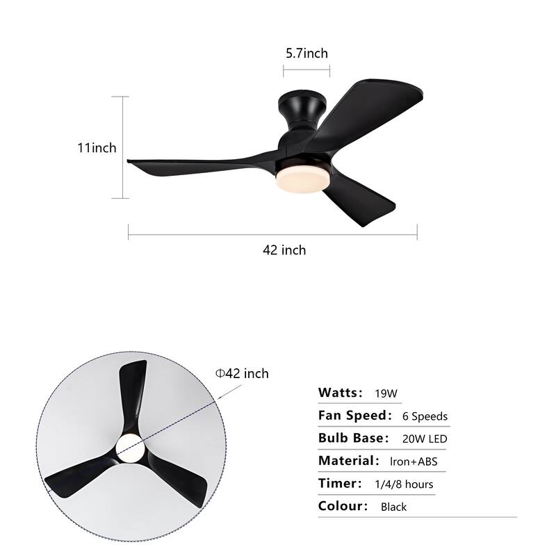 42 Inch Ceiling Fan with Lights Flush Mount Ceiling Fan with Remote Control, ABS Blades Modern Ceiling Fans, Quiet DC Motor