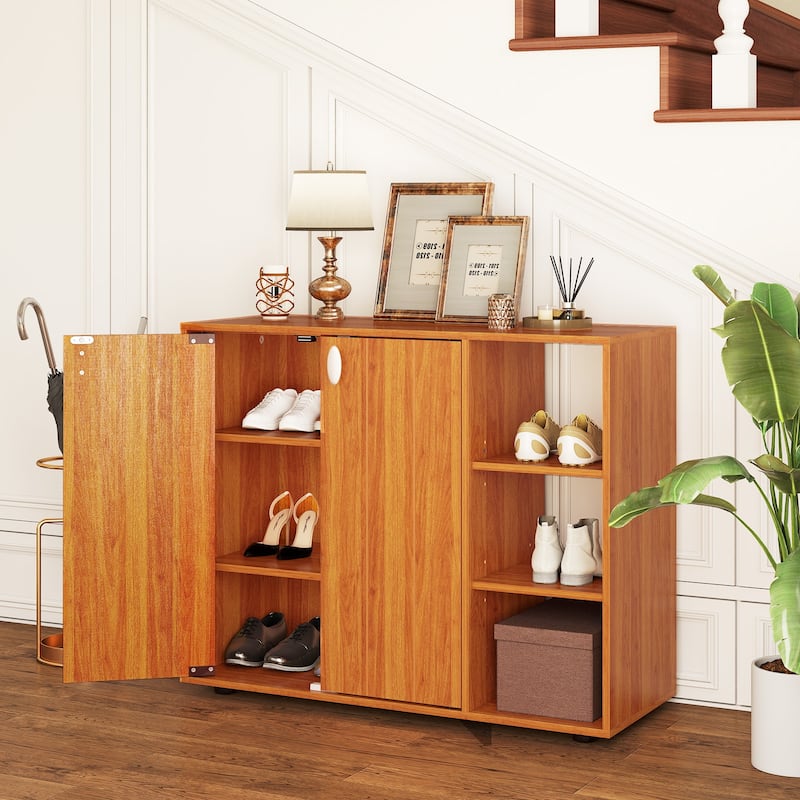 Shoe Storage Cabinet with Doors and Open Shelves Adjustable Wooden Entryway Organizer - 31.5" x 12" x 25.5"