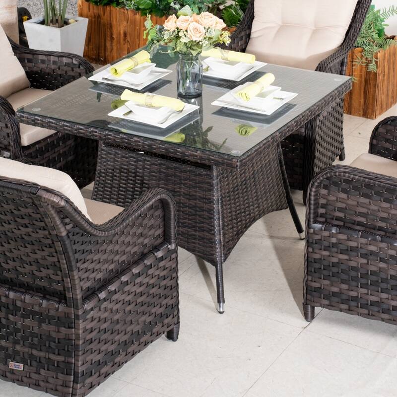Outdoor 5-piece Square PE Rattan Dining Table and Chairs with Tempered Glass