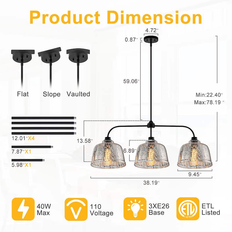 3-Light Bowl-Shaped Mercury Glass Linear Island Pendant Light - Dia.38.19-in