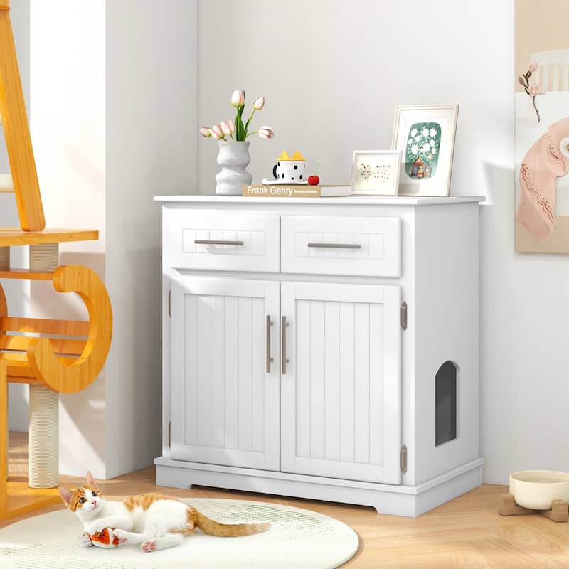 White MDF Cat Litter Box Enclosure with 2 Drawers, Side Entrance and Large Storage Countertop - 32" x 18" x 32" (L x W x H)