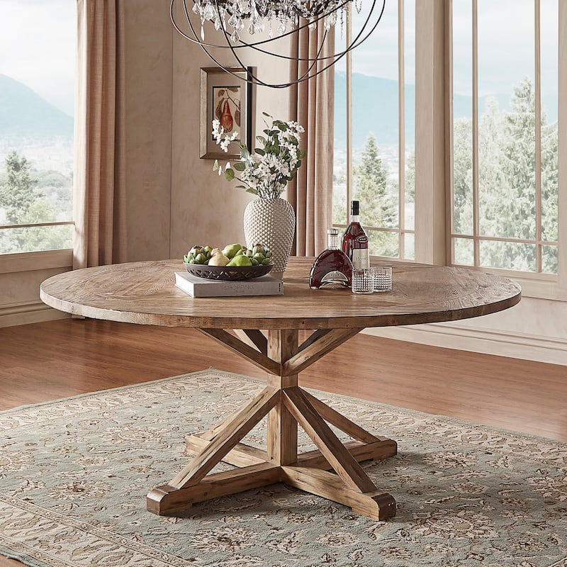 Krakova Rustic X-Base Round Pine Wood Dining Set
