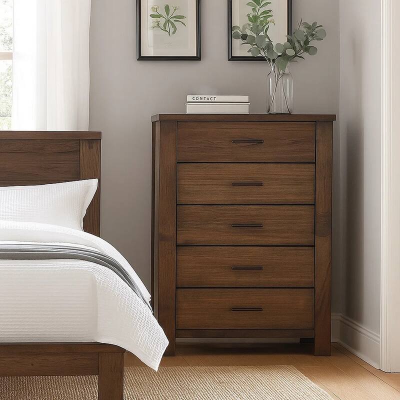5 Drawer Wooden Chest with Metal Bar Handles and Block Legs, Brown