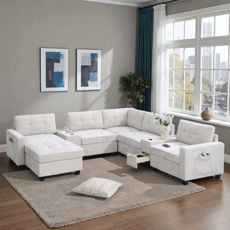 104" Chenille U-Shaped Sectional Sofa with Acrylic Table Tops 2 Consoles Storage Drawers USB Charging Movable Ottoman