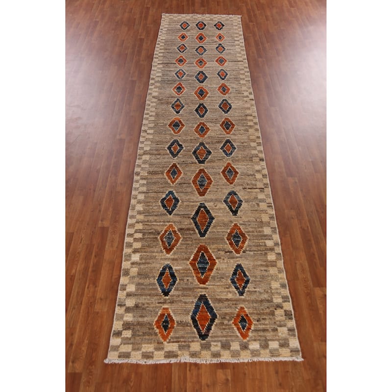 Geometric / Tribal Moroccan Oriental Runner Rug Handmade Wool Carpet - 3'8" x 15'4"