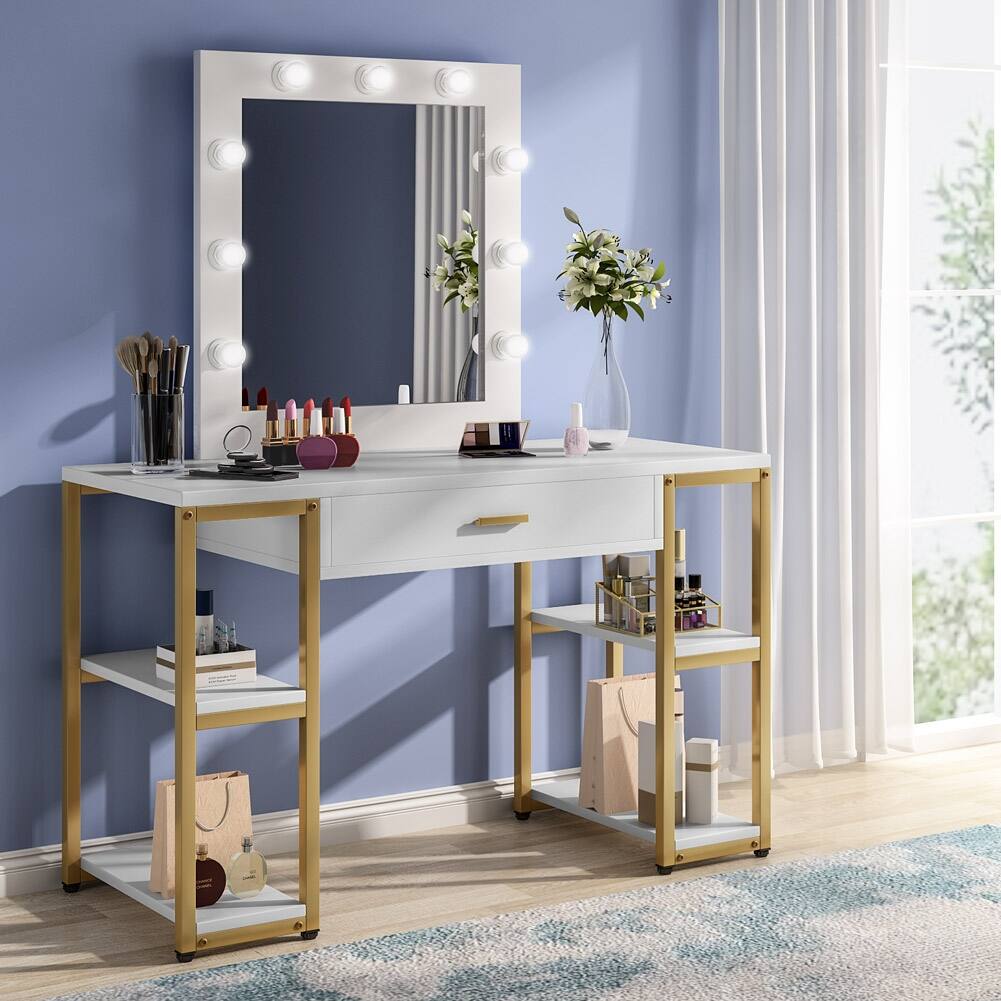 Gold Vanity Table with Lighted Mirror, White Makeup Dressing Table with Large Drawer and Shelf