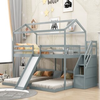 Solid Pine Wood and MDF Full over Twin & Twin Bunk Bed,Built-in Drawer and Shelf,with Slide and Storage Staircase