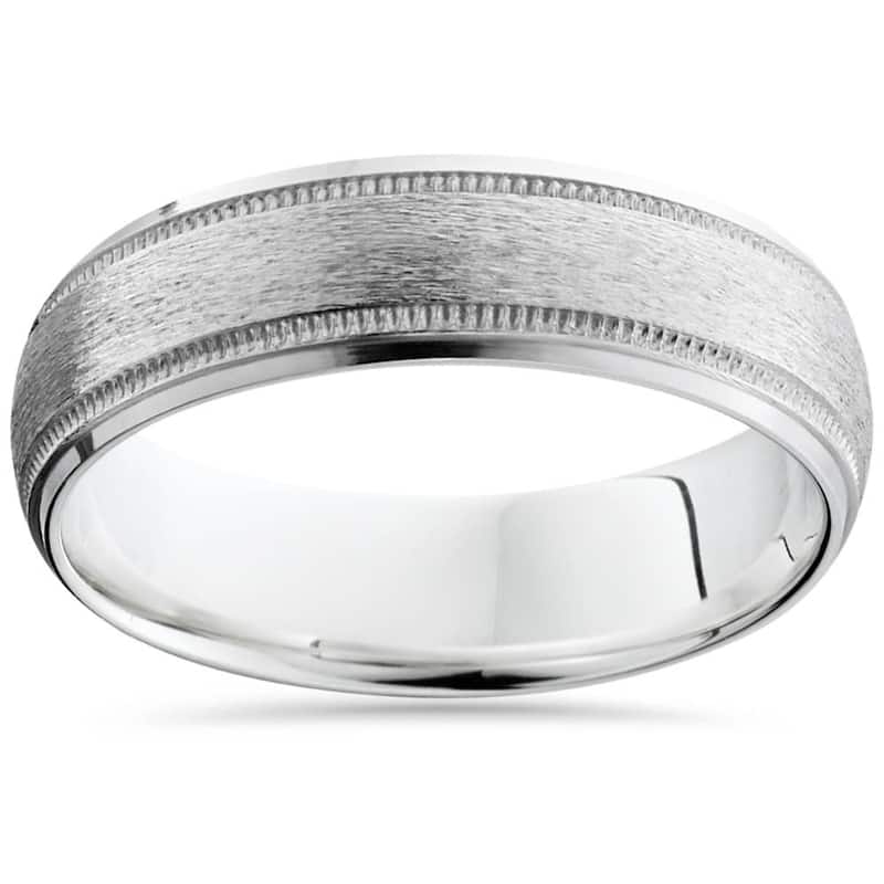 Brushed Milgrain & Polished Beveled Wedding Band White Gold 6mm