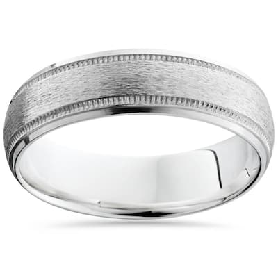 Brushed Milgrain & Polished Beveled Wedding Band White Gold 6mm