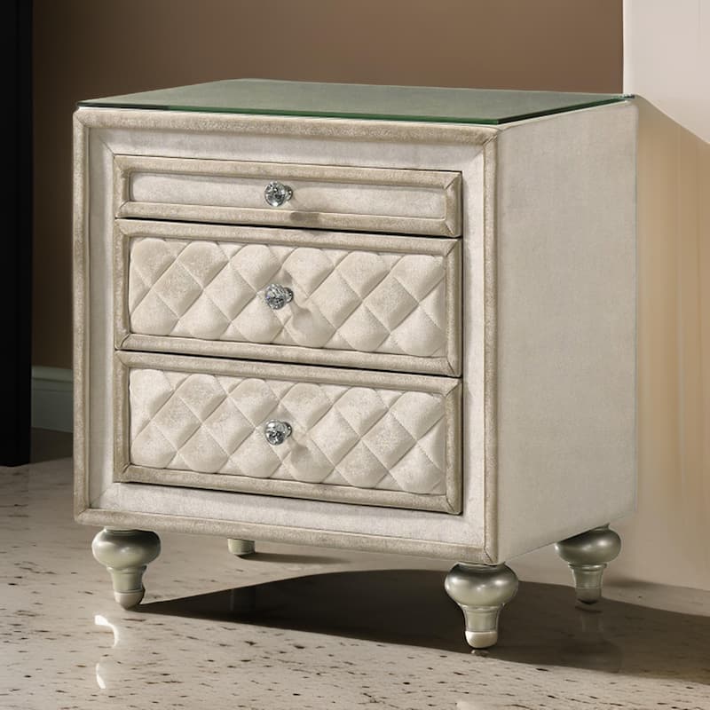 Willa Nightstand, 2 Drawers, Pull Out Tray, 27 Inch Wood, Beige Velvet