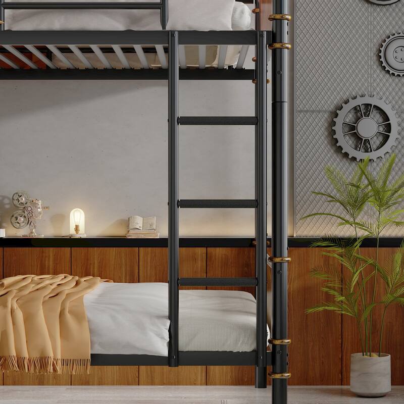 Twin XL Over Twin XL Convertible Metal Bunk Bed with Ladder and Guardrails, Black and Rustic Wood Platform Bed