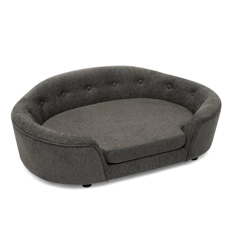 Oval Semi-Enclosed Dog Sofa, Durable Linen Material, Button-Tufted Backrest, High-Center Low-Sides Support Plush Comfort-Beige