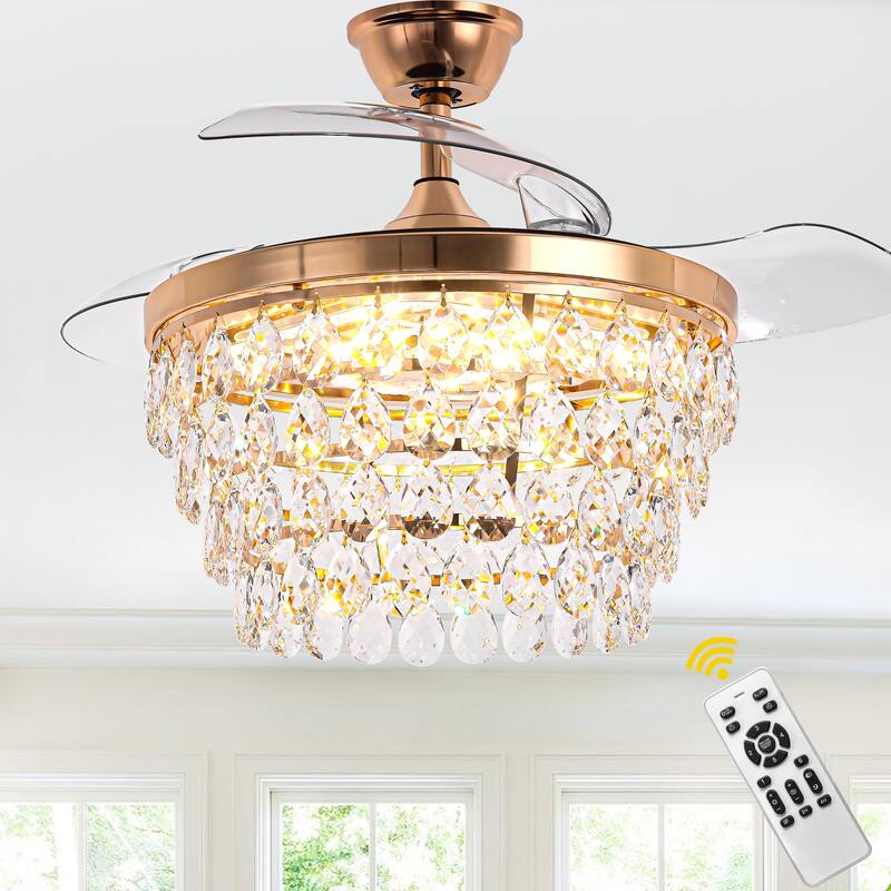 Bella Depot 42" Retractable Crystal Ceiling Fan with Light and Remote 6-Speed Reversible Fan