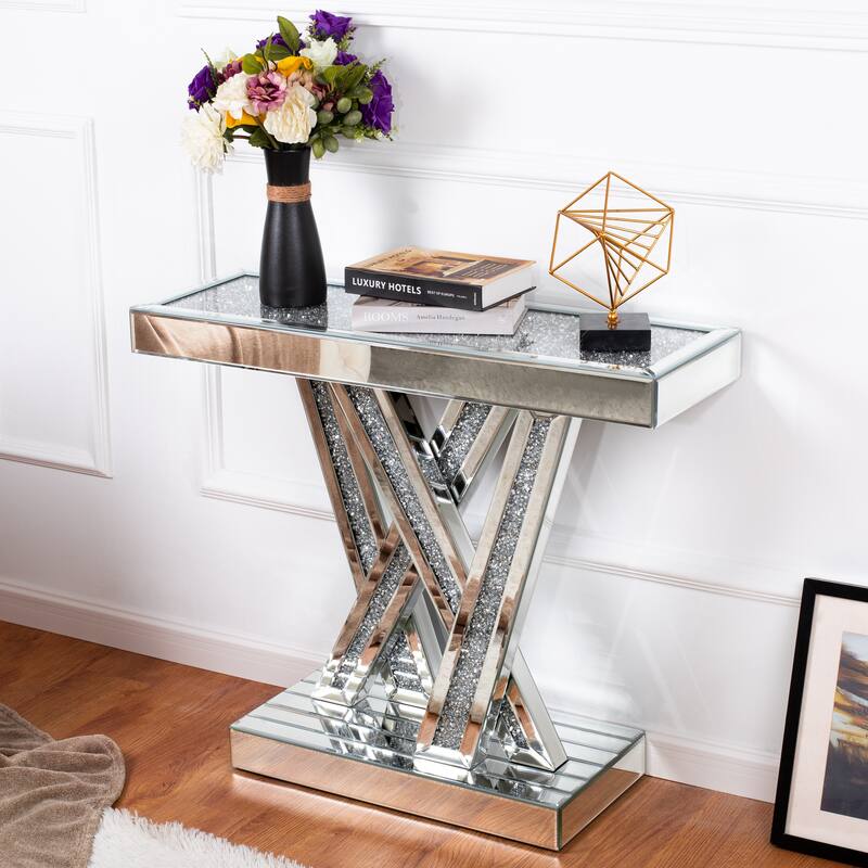 Modern Console Table Silver Entryway Table Inlay with Crushed Diamond