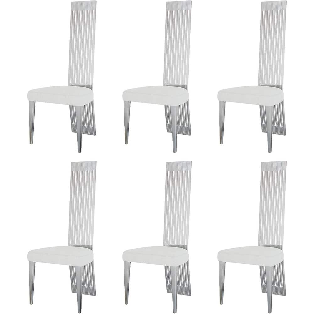 White Boucle and Silver Dining Chairs with Mirrored Silver Vertical Metal Tube Back