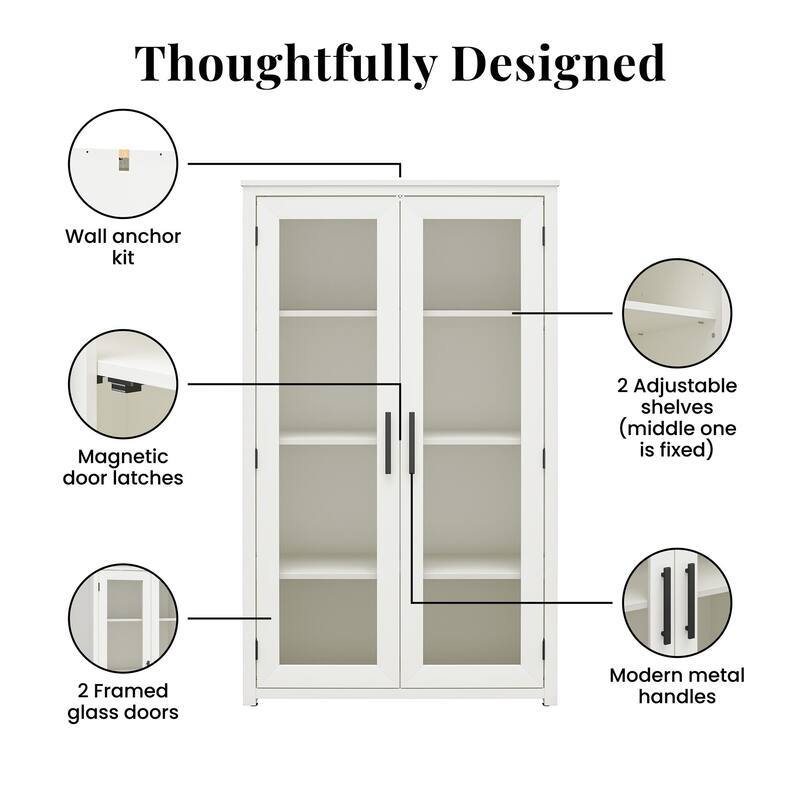 Rossetta Modern Sleek White Curio Cabinet with Glass Doors and Ajustable Shelves