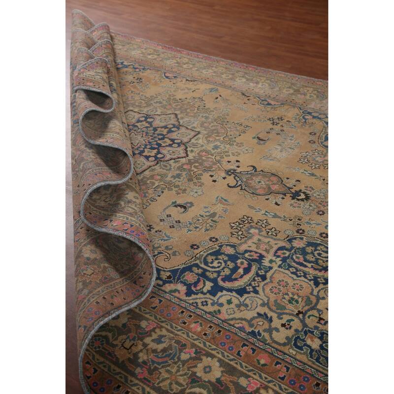 Vintage Distressed Mashad Persian Area Rug Hand-knotted Wool Carpet - 7'11" x 11'1"